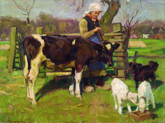 Julius Paul Junghanns - Bäuerin mit Kuh und zwei Zicklein auf der Weide