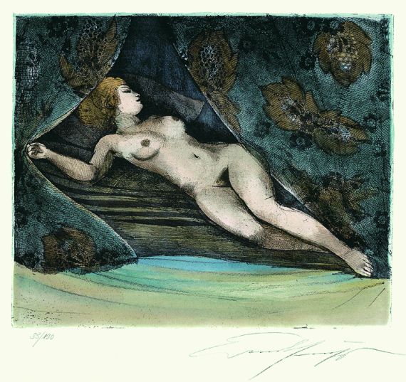 Ernst Fuchs - 5 Bll.: Nocturno. Mädchen mit Blumenkranz. Mädchen mit Taube. Eva im Herbst. Malcha