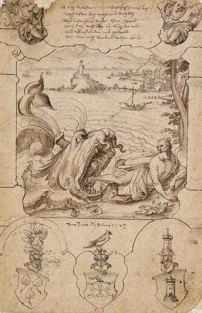 Hans Jakob Nüscheler - Jona und der Wal umgeben von allegorischen Figuren und drei Wappen (Scheibenriss)