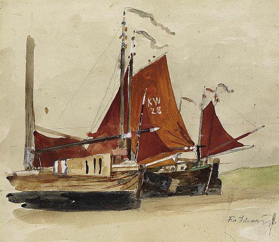 Friedrich Schwinge - 2 Bll.: Segelboote mit roten Segeln. Ankerndes Segelboot