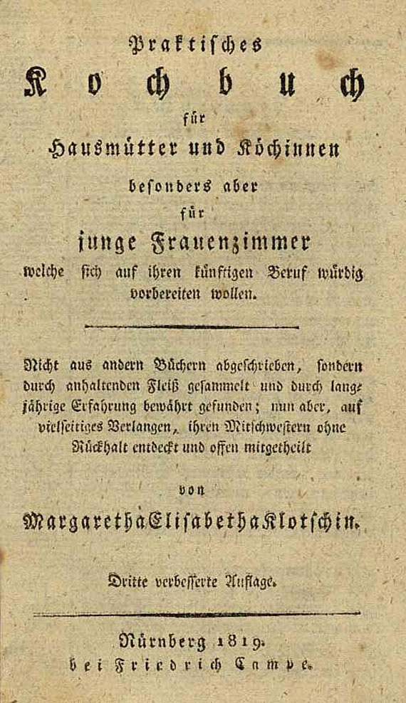 M. E. Klotschin - Praktisches Kochbuch. 1819.