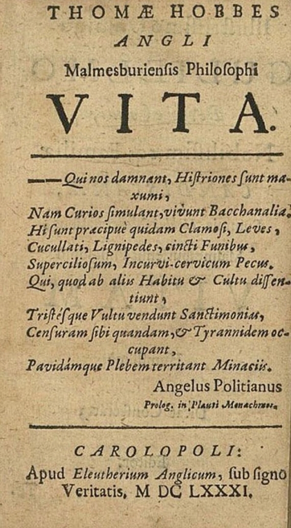 Hobbes, T. - Thomae Hobbes Angli Philosophi Vita. 1681