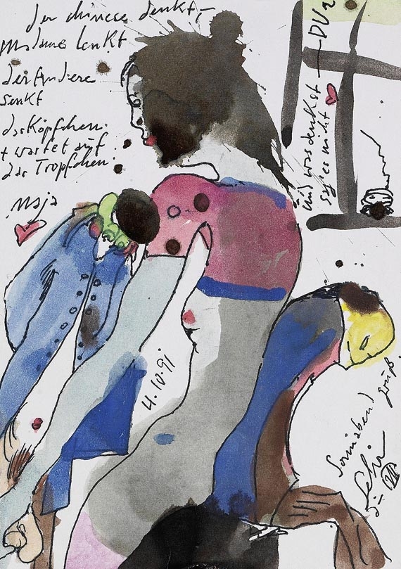 Horst Janssen - 2 Postkarten mit farb. Orig.Zeichnungen. 1991