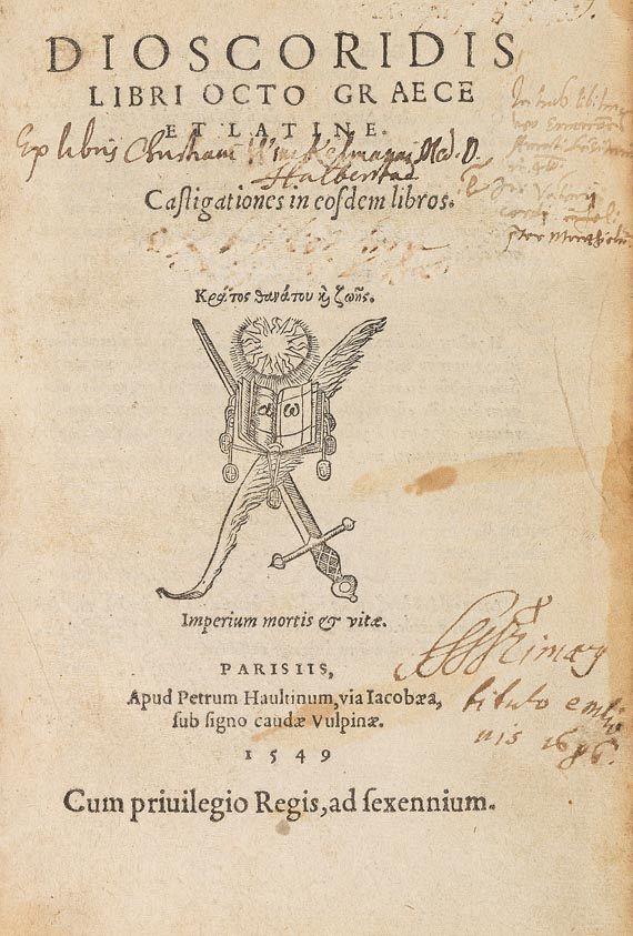  Dioscorides - Dioscorides libri octo graece et latine. 1549
