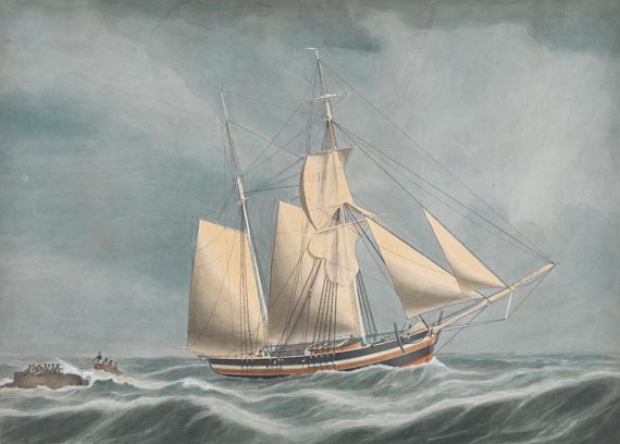 Jakob Petersen - Galeasse "Marie von Greifswalde" birgt die Besatzung von der Brigg "Atalante" aus Stettin, 1828
