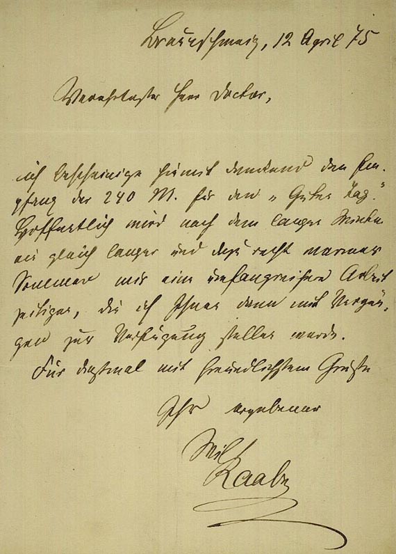 Wilhelm Raabe - 1 Autograph. 1875.