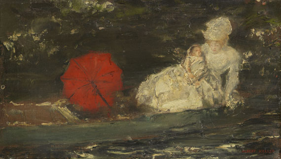 Albert von Keller - Frau und Kind im Freien mit rotem Parasol