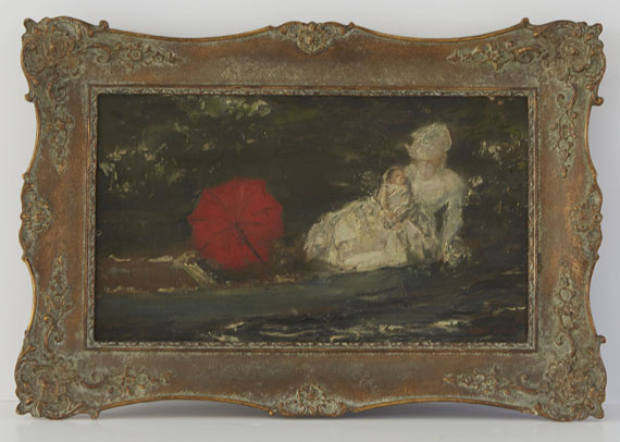 Albert von Keller - Frau und Kind im Freien mit rotem Parasol - Rahmenbild