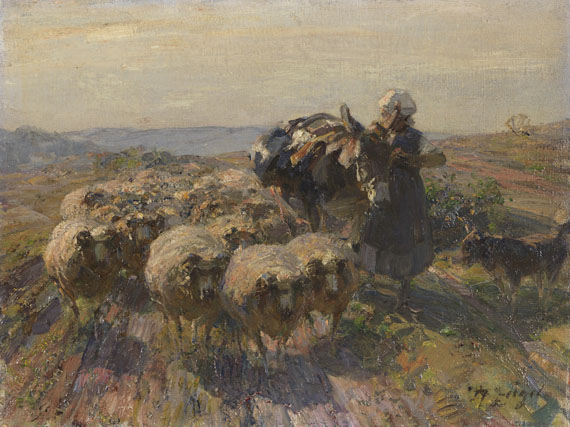 Heinrich von Zügel - Schafherde mit Hirtin und Esel auf dem Feld