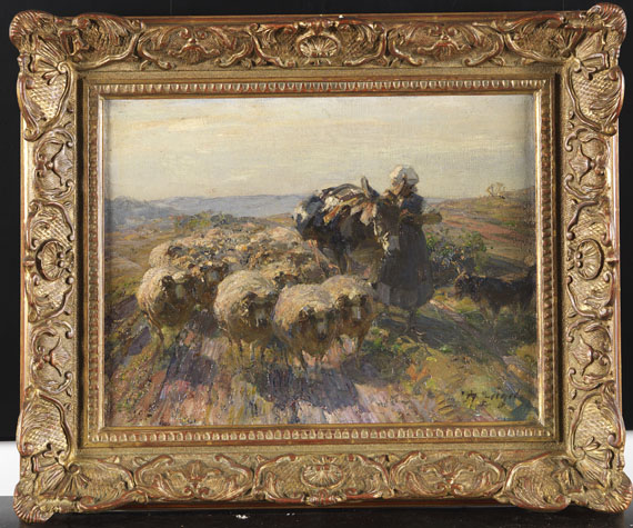Heinrich von Zügel - Schafherde mit Hirtin und Esel auf dem Feld - Rahmenbild