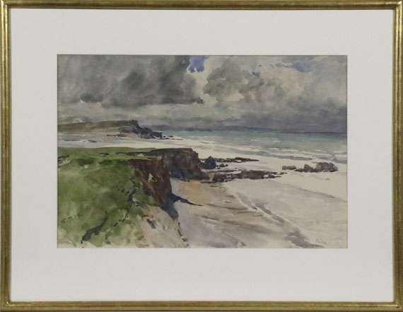 Edward Harrison Compton - 2 Bll.: Bei Bude (Cornwall): Die Küste mit der Mündung des River Neet. Felsiger Strand mit Möwen - Rahmenbild