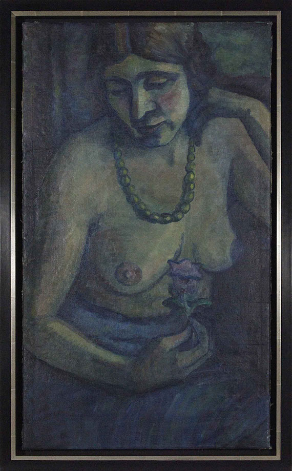 Dorothea Maetzel-Johannsen - Selbstporträt in Blau (Halbakt mit Perlenkette) - Rahmenbild