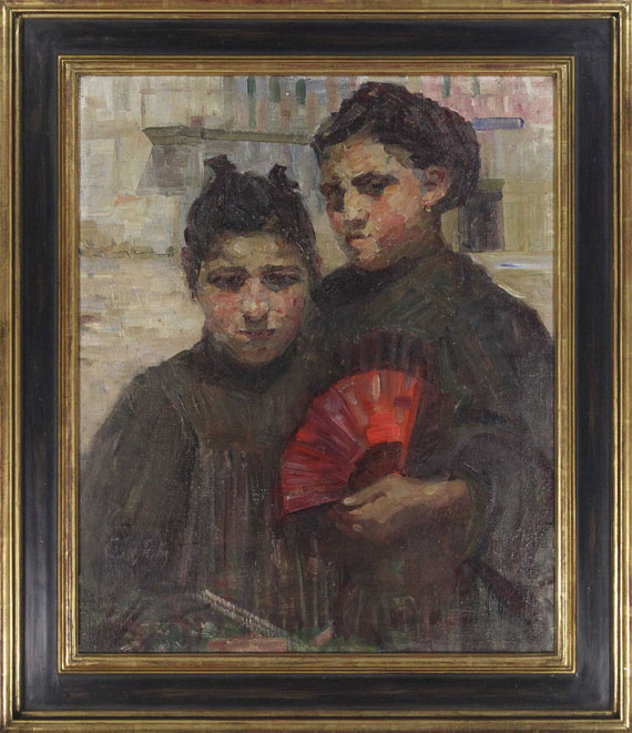 Gertraud Rostosky - Porträt zweier Mädchen mit kirschrotem Fächer - Rahmenbild
