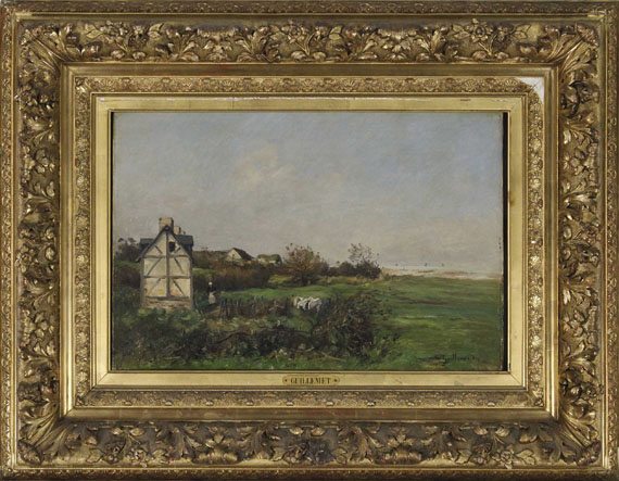 Jean-Baptiste Antoine Guillemet - Landschaft mit Fachwerkhaus und Bäuerin - Rahmenbild