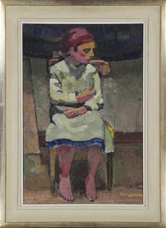 Alfred Heinrich Pellegrini - Mädchen mit rotem Kopftuch auf Stuhl - Rahmenbild