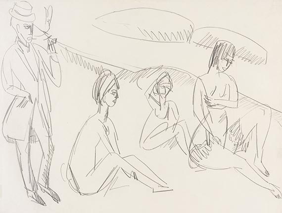 Ernst Ludwig Kirchner - Drei sitzende nackte Mädchen und Pfeife rauchender Maler am Strand