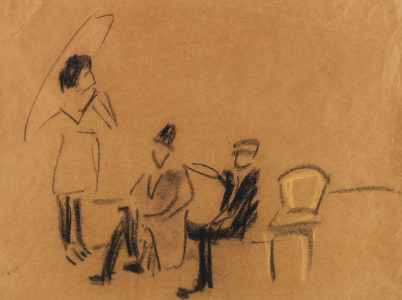 Ernst Ludwig Kirchner - Mädchen mit Sonnenschirm vor 2 sitzenden Männern