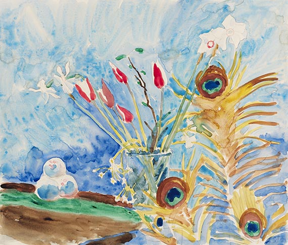 Walter Gramatté - Stillleben mit Blumen und Pfauenfedern