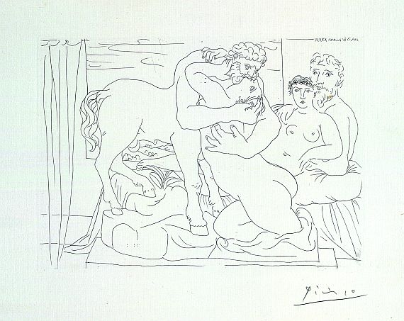 Pablo Picasso - Sculpteur et son modèle avec un groupe sculpté représentant un centaure embrassant une femme