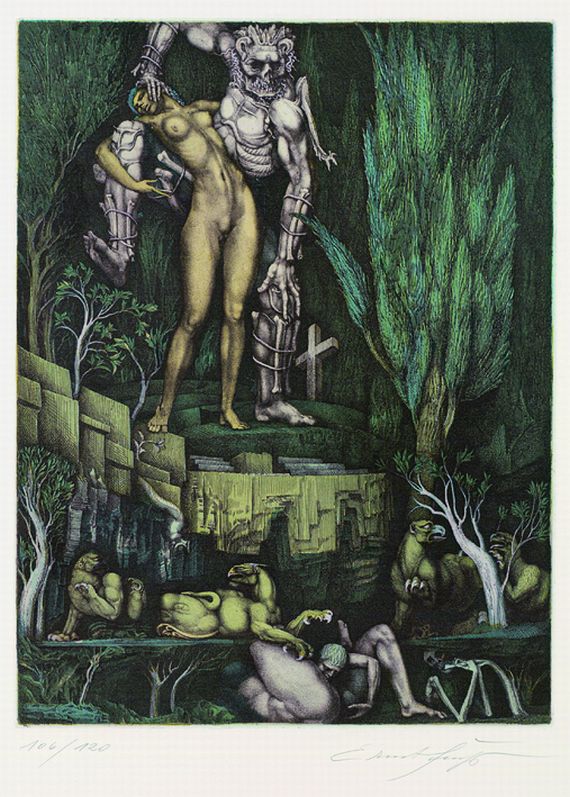 Ernst Fuchs - 3 Bll.: Der Tanz mit dem Tod. Das Gefängnis des Ikarus. Flora oculi