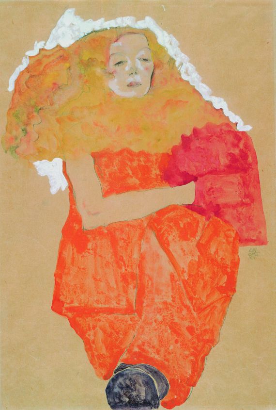 Egon Schiele - Frau mit rotem Muff, in einem orangefarbenen Kleid