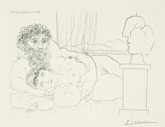 Pablo Picasso - Le repos du sculpteur I (sculpteur et son modèle avec la tête sculptée du modèle)