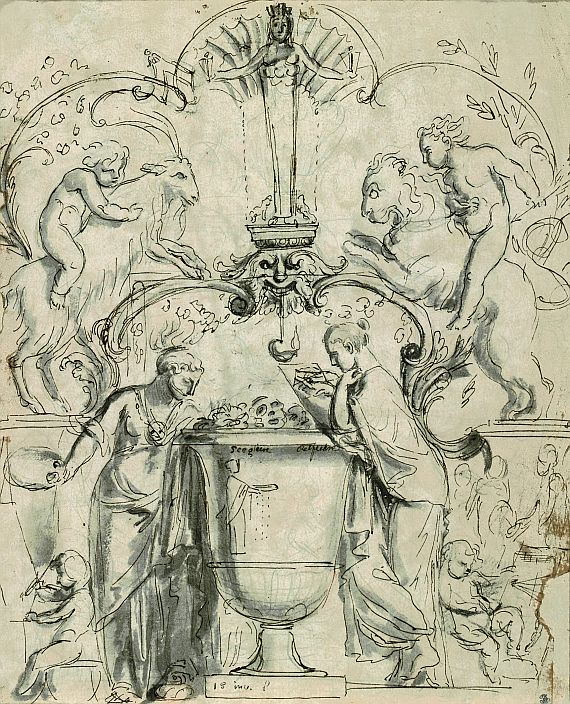 Guiseppe Sala - Dekorationsentwurf mit den eine Vase flankierenden Personifikationen der Malerei und der Geometrie sowie reitende Putten