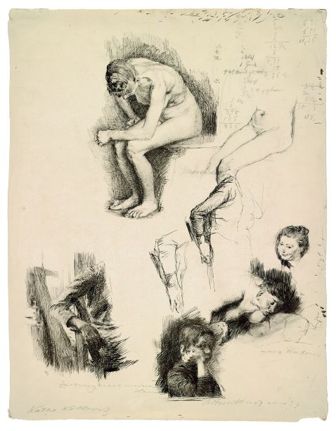 Käthe Kollwitz - Studienblatt mit Skizzen nach Rubens und Selbstbildnis
