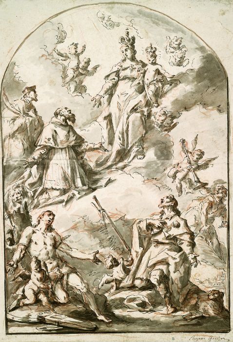 Süddeutsch - Muttergottes und Ordensheilige auf Wolken, darunter die Hll. Sebastian und Jakobus d.Ä.