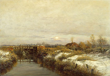 August Schlueter - Winterlandschaft mit Bauernhaus an einem Flusslauf