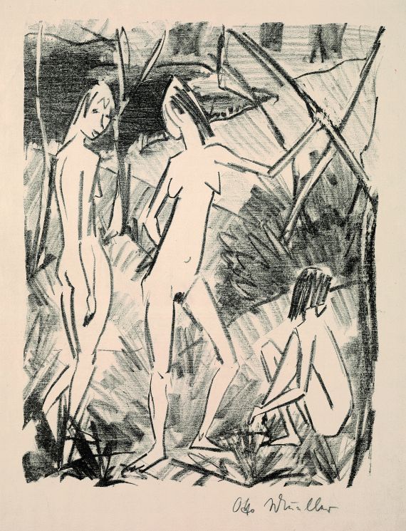 Otto Mueller - Zwei stehende und ein sitzendes Mädchen