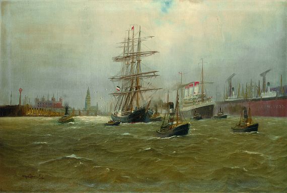 Alfred Serenius Jensen - Blick in den Hamburger Hafen mit Dock und der "Cap Polonio"