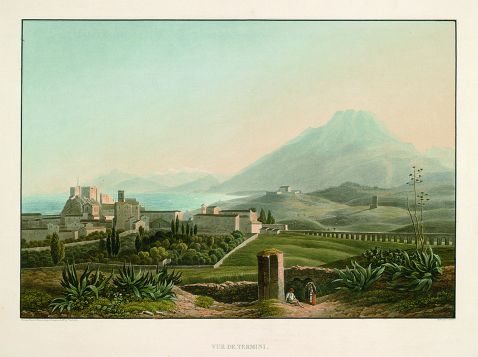 Italien - 3 Bll.: Vue générale de Palerme. Vue des ruines du temple de Jupiter olympien à Agrigente. Vue de Termini.