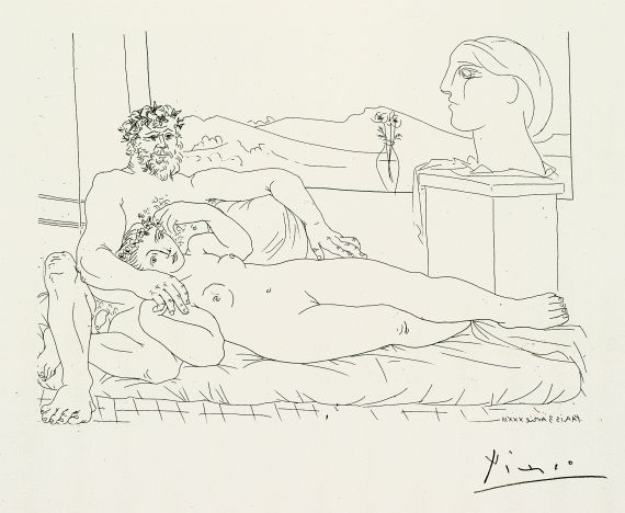 Pablo Picasso - Le repos du sculpteur II (Vieux sculpteur et jeune modèle avec le portrait sculpté du modèle)