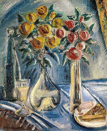 Paul Kleinschmidt - Stillleben mit Blumenvasen, Weinglas und Kuchen