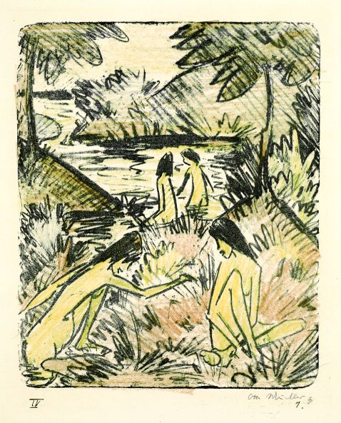 Otto Mueller - Waldsee mit drei badenden und einem sitzenden Mädchen 1 (Badende in Landschaft mit Brücke)