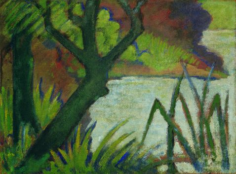 Otto Mueller - Zwei Baumstämme mit Schilf am Wasser