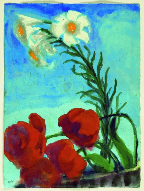 Emil Nolde - Mohn und weiße Lilien vor blauem Grund