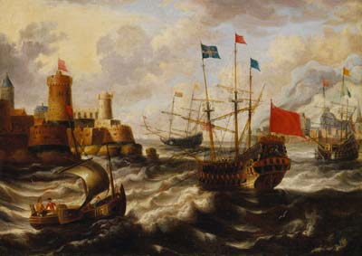 Niederländischer Marinemaler - Englisches Kriegsschiff vor einer Festung