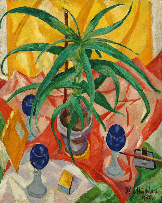 Hermann Mühlen - Stillleben mit einer Topfpflanze auf rotem Tuch