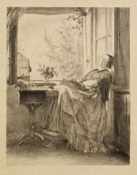 Adolph von Menzel - Die schlafende Näherin am Fenster (Menzels Schwester Emilie)