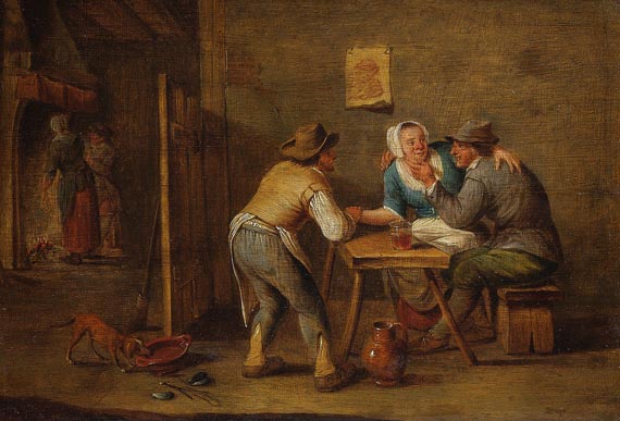 David Teniers (der Jüngere) - Nachfolge - Wirtshausszene mit zwei Bauern und einer Frau