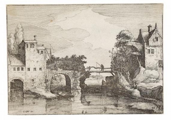 Claes Jansz. Visscher (Piscator) - 2 Bll.: Schiffe nahe der Küste. Landschaft mit einer Stein- und einer Holzbrücke