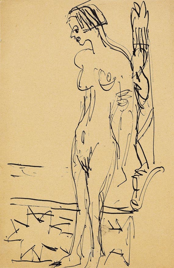Ernst Ludwig Kirchner - Stehender Mädchenakt vor geschnitztem Pfosten