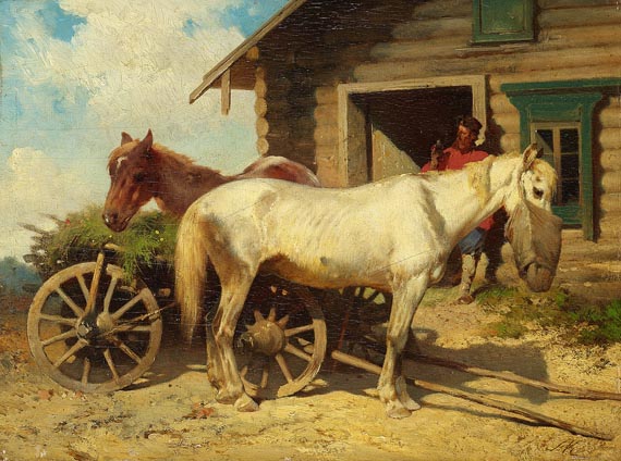 August Alexander von Kotzebue - Rastende Pferde vor dem Haus eines russischen Bauern