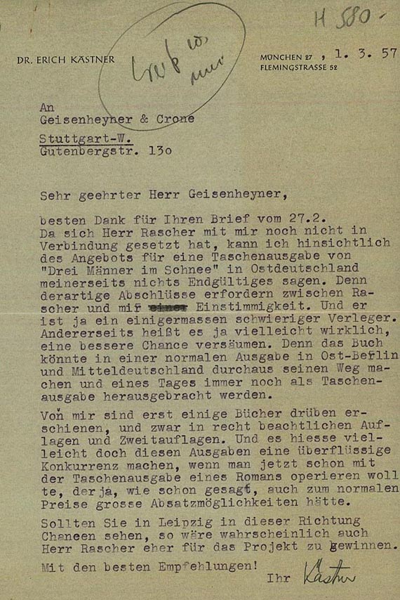 Erich Kästner - 1 Bl. maschinenschriftlich, an Geisenheyer, 1957.