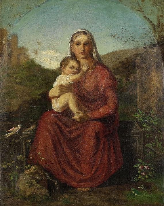 Vojtech (Adalbert) Hynais - Madonna mit Kind in einer Landschaft