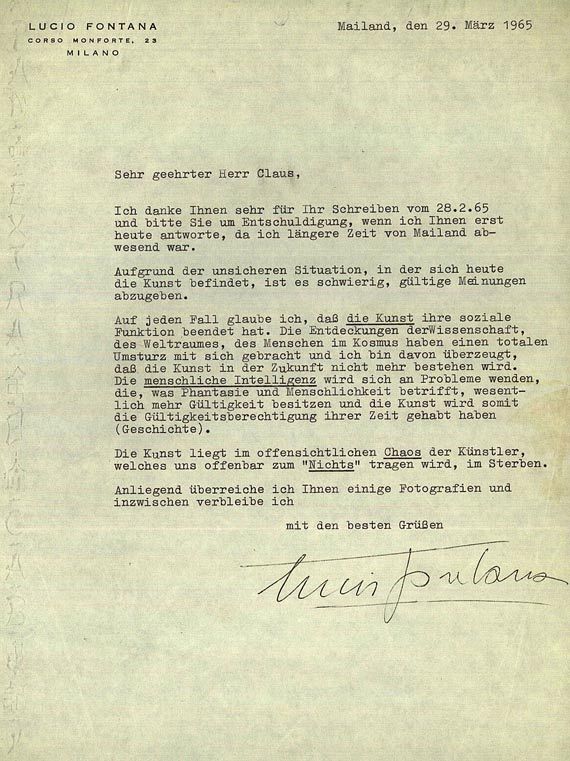 Lucio Fontana - 1 masch. Brief. 1965