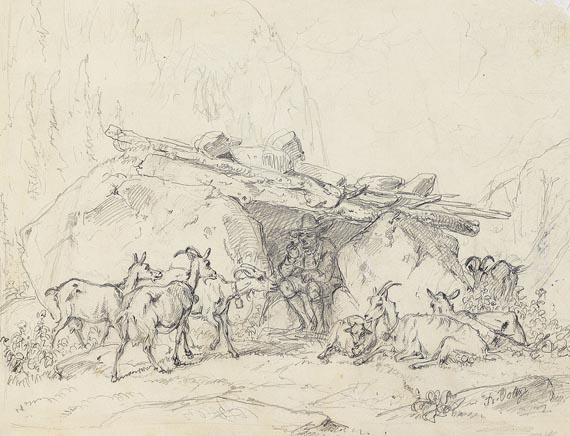 Friedrich Voltz - 2 Blätter: Hirte mit seinen Ziegen, Hirtin mit Schafen und einer Kuh