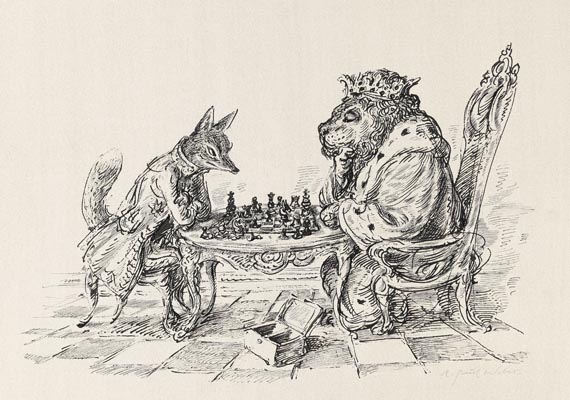 Andreas Paul Weber - Löwe und Fuchs beim Schach